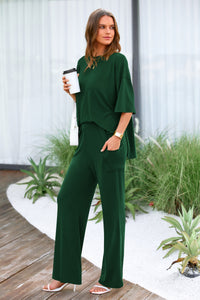 Short Sleeve Pullover Tops And Wide Leg Pants Two Piece Sets