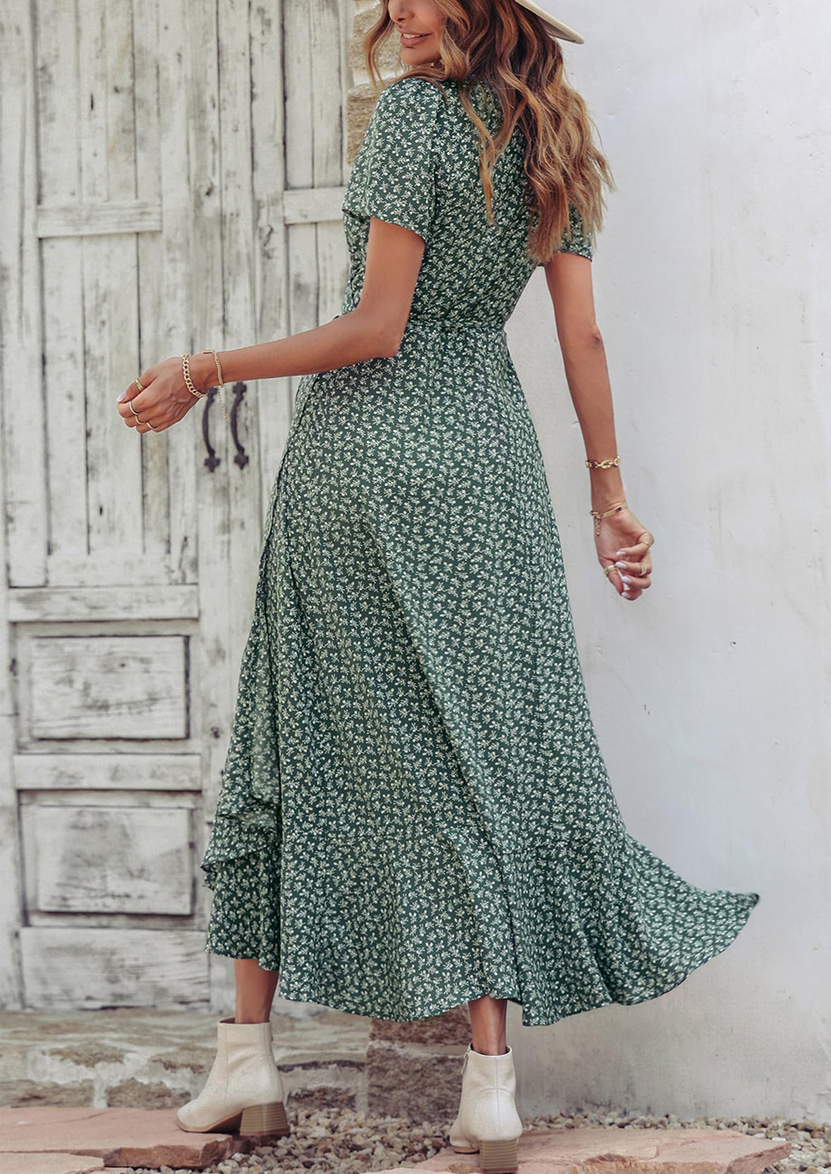 PRETTYGARDEN Women's Summer Maxi Dress Casual Wrap Floral Boho Short Sleeve V Neck Split Ruffle Beach Long Dresses