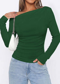 PRETTYGARDEN Off The Shoulder Tops for Women Going Out Long Sleeve Shirts Fall Casual Fitted Ribbed Ruched Y2K Clothes