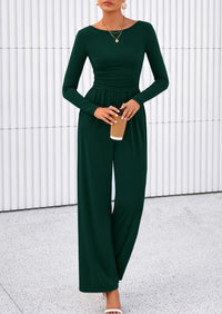 PRETTYGARDEN One Piece Jumpsuits for Women Dressy Casual Long Sleeve Crewneck Wide Leg Romper Overalls Spring Outfits