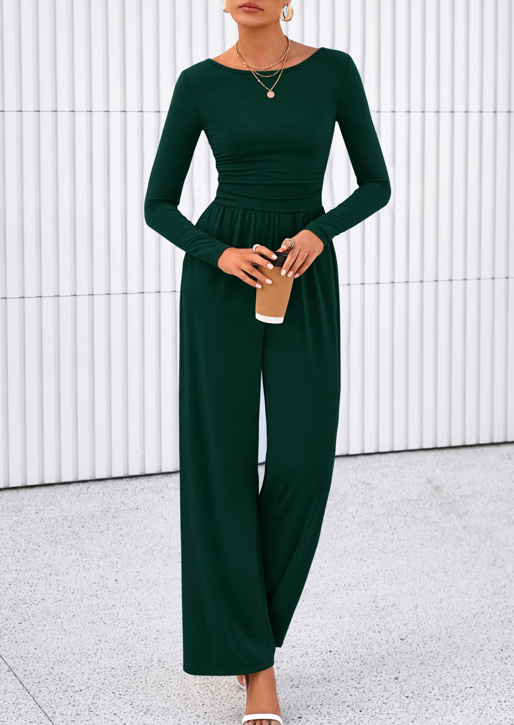 PRETTYGARDEN One Piece Jumpsuits for Women Dressy Casual Long Sleeve Crewneck Wide Leg Romper Overalls Spring Outfits