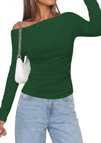 PRETTYGARDEN Off The Shoulder Tops for Women Going Out Long Sleeve Shirts Fall Casual Fitted Ribbed Ruched Y2K Clothes