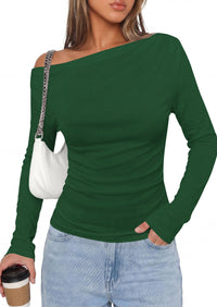 PRETTYGARDEN Off The Shoulder Tops for Women Going Out Long Sleeve Shirts Fall Casual Fitted Ribbed Ruched Y2K Clothes