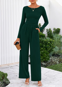 PRETTYGARDEN One Piece Jumpsuits for Women Dressy Casual Long Sleeve Crewneck Wide Leg Romper Overalls Spring Outfits