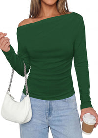 PRETTYGARDEN Off The Shoulder Tops for Women Going Out Long Sleeve Shirts Fall Casual Fitted Ribbed Ruched Y2K Clothes