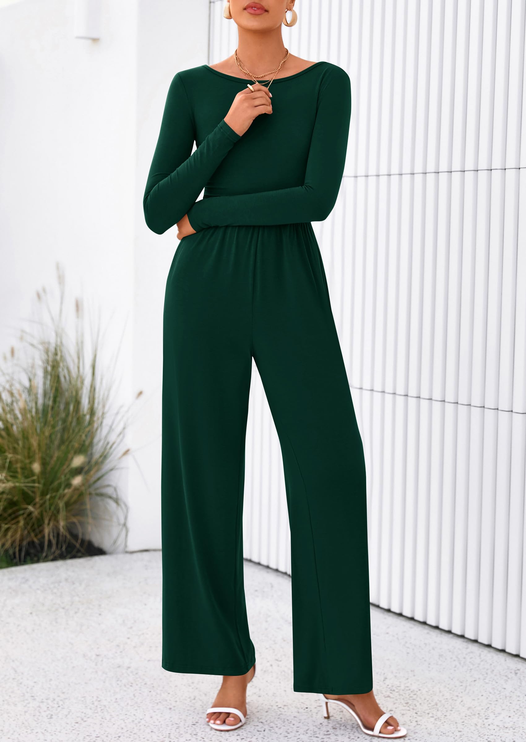 PRETTYGARDEN One Piece Jumpsuits for Women Dressy Casual Long Sleeve Crewneck Wide Leg Romper Overalls Spring Outfits