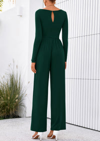 PRETTYGARDEN One Piece Jumpsuits for Women Dressy Casual Long Sleeve Crewneck Wide Leg Romper Overalls Spring Outfits