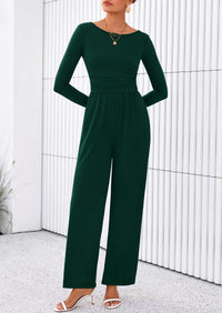 PRETTYGARDEN One Piece Jumpsuits for Women Dressy Casual Long Sleeve Crewneck Wide Leg Romper Overalls Spring Outfits
