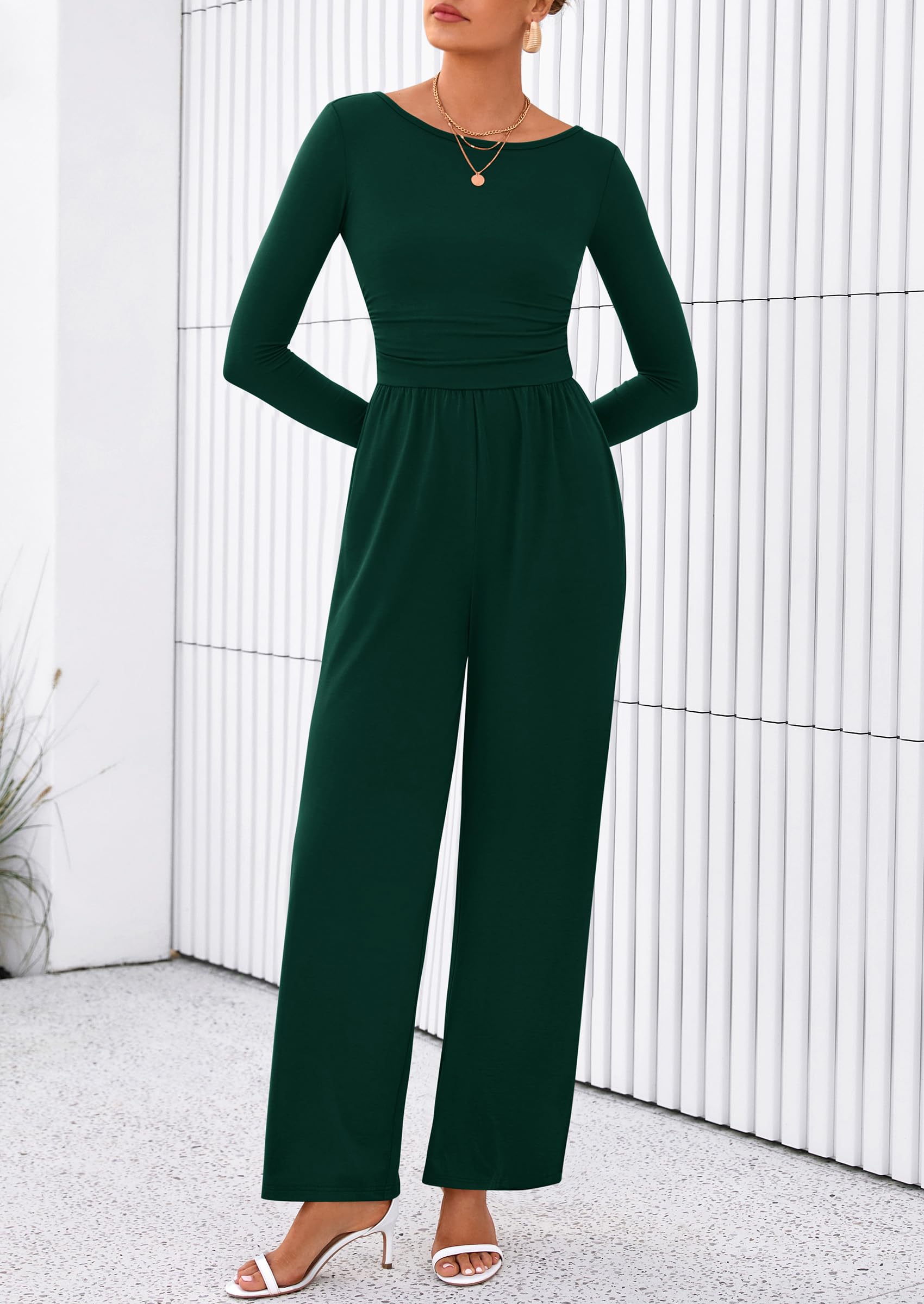 PRETTYGARDEN One Piece Jumpsuits for Women Dressy Casual Long Sleeve Crewneck Wide Leg Romper Overalls Spring Outfits