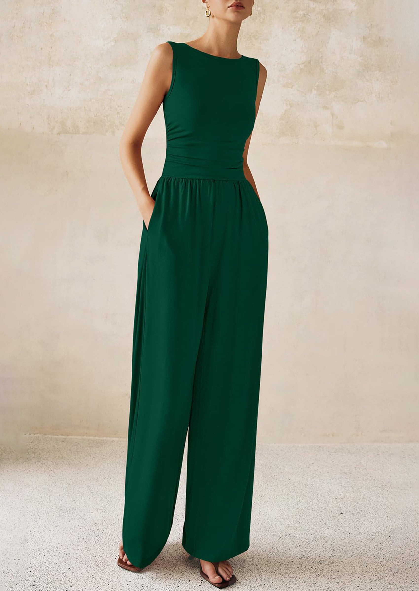 PRETTYGARDEN One Piece Jumpsuits for Women Dressy Casual Sleeveless Crewneck Wide Leg Rompers Jumpers Vacation Summer Outfits