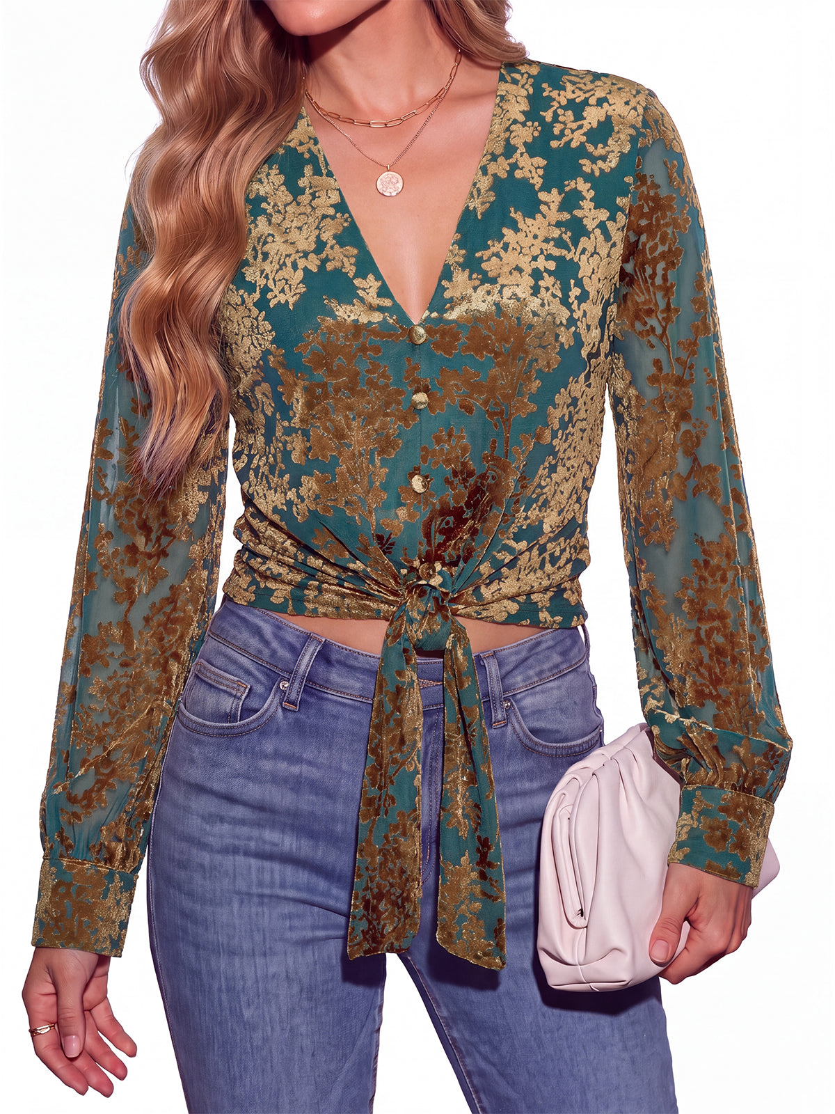 PRETTYGARDEN Women Double Lined Long Sleeve Shirts Tie Knot Front Crop Tops Sheer Sleeves, Velvet Jacquard Floral, Delicate Decorate Button, Classic V Neck, Elegant Dressy Blouses, Casual Fall Outfits