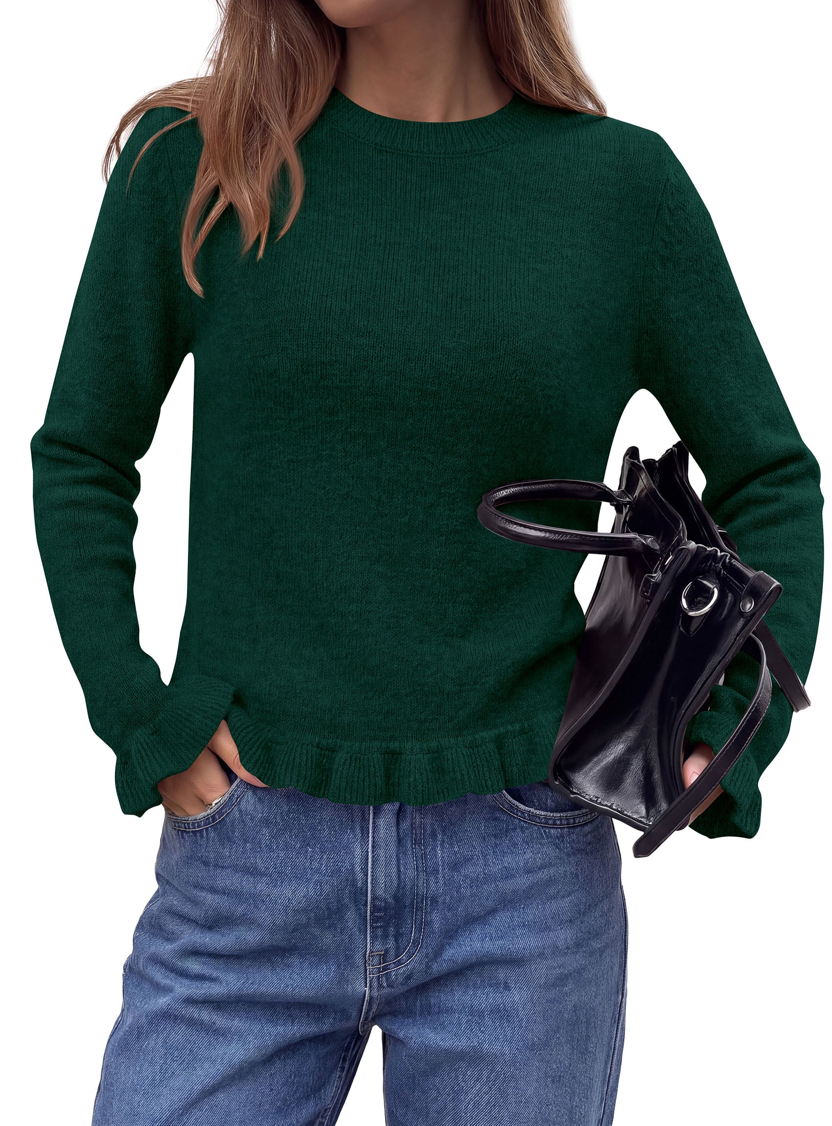 PRETTYGARDEN Women's Ruffle Sweaters Fall Fashion Cozy Knit Pullover  Soft Warm Chunky, Crewneck Long Sleeve, Cute Peplum Tops, Dressy Casual Blouses, Going Out Holiday, Trendy Winter Outfits