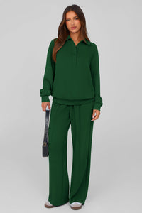PRETTYGARDEN Women Fall 2 Piece Outfits Sweatsuits Quarter Button Long Sleeve Sweatshirt Wide Leg Pants Tracksuit Lounge Sets