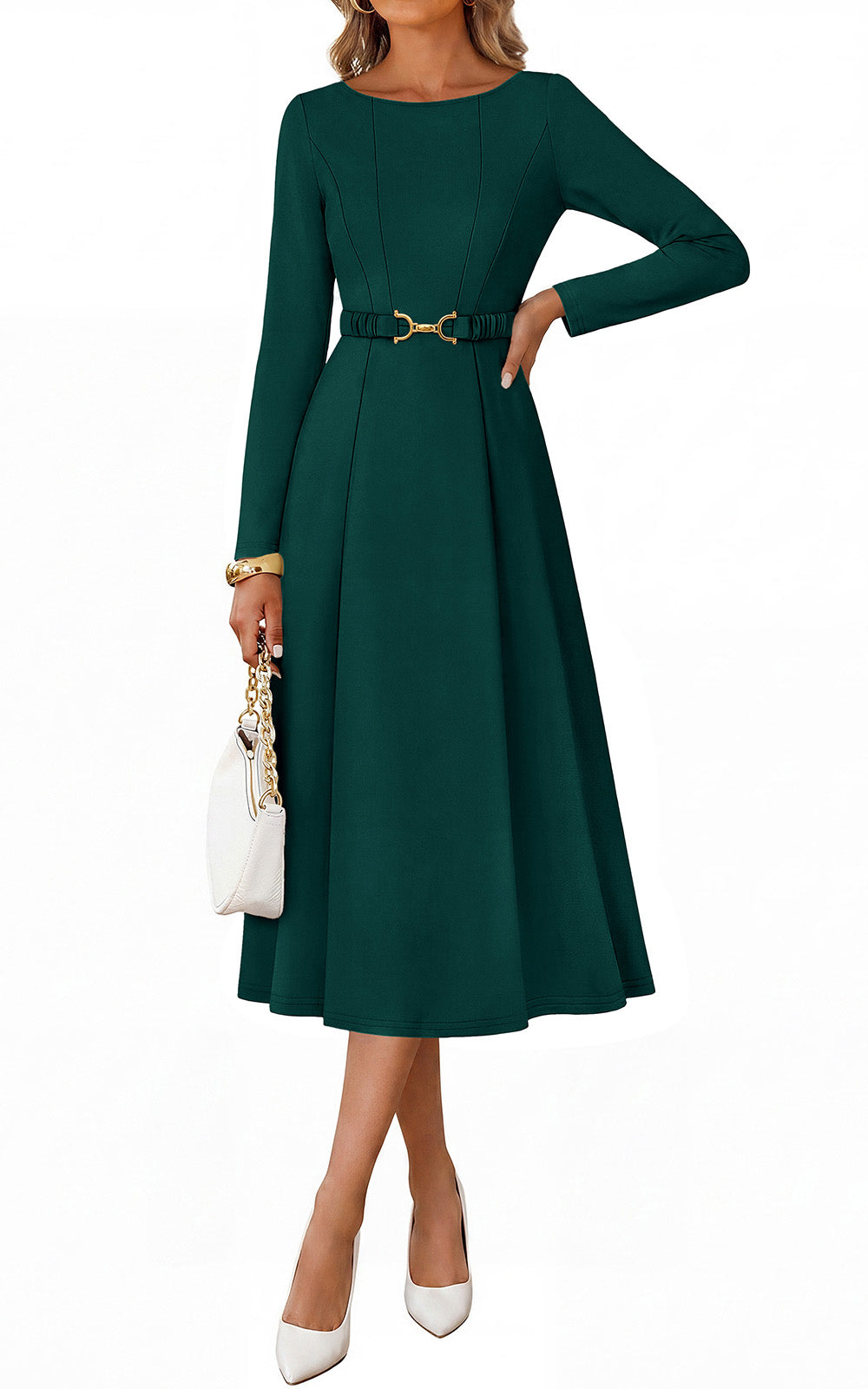 PRETTYGARDEN Women's Fall Long Sleeve Semi Formal Midi Dresses with Pockets Boat Neck, Metal Buckle Tie Waist, Flowy A Line, Elegant Classy Wedding Guest Cocktail Party Dress, Business Casual Outfits
