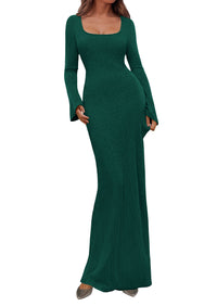 PRETTYGARDEN Women's Fall Long Sleeve Maxi Bodycon Dresses | Soft Stretchy Ribbed Knit, Bell Sleeve Square Neck Mermaid, Elegant Long Dress, Wedding Guest Party, 2026 Winter Clothing