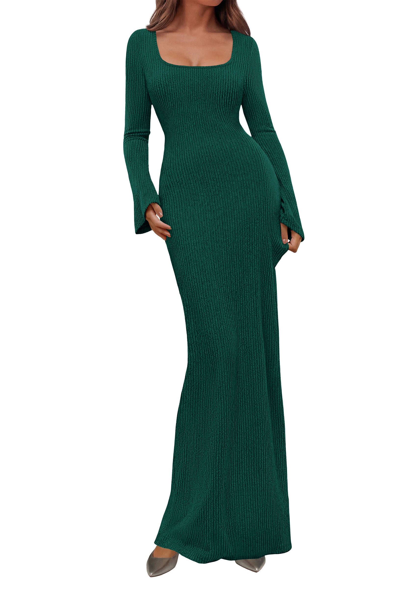PRETTYGARDEN Women's Fall Long Sleeve Maxi Bodycon Dresses | Soft Stretchy Ribbed Knit, Bell Sleeve Square Neck Mermaid, Elegant Long Dress, Wedding Guest Party, 2026 Winter Clothing