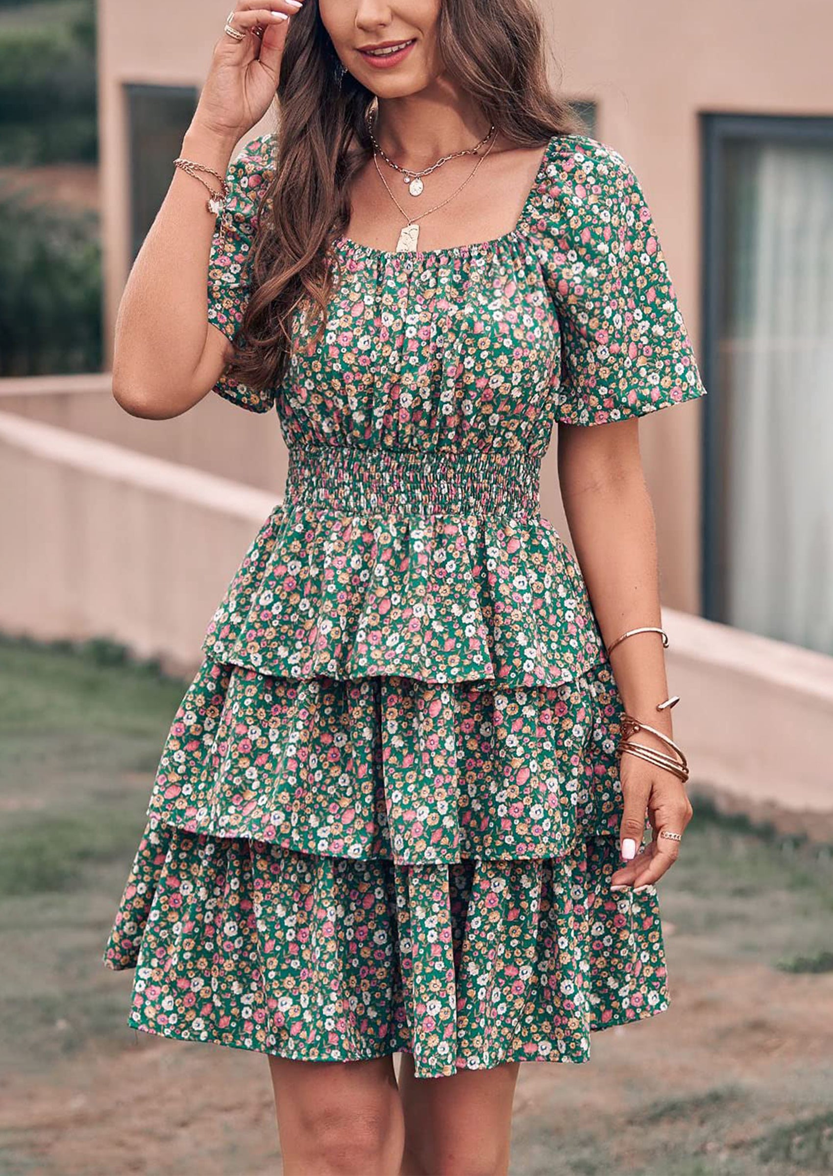 PRETTYGARDEN Women Floral Square Neck Short Sleeve Tiered Ruffle Boho Mini Dresses