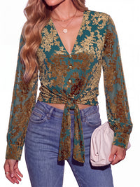 PRETTYGARDEN Women Double Lined Long Sleeve Shirts Tie Knot Front Crop Tops Sheer Sleeves, Velvet Jacquard Floral, Delicate Decorate Button, Classic V Neck, Elegant Dressy Blouses, Casual Fall Outfits