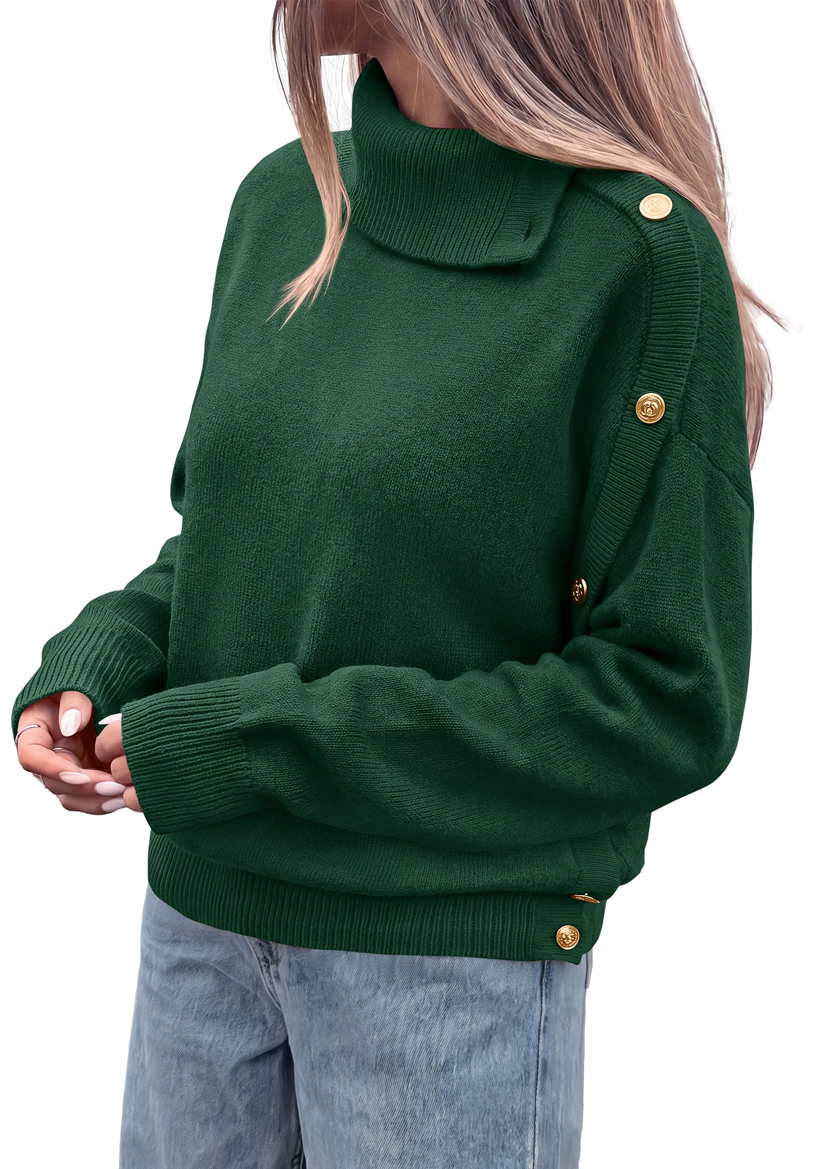 PRETTYGARDEN Womens Turtleneck Sweater Pullover Side Button Fall Clothes  Stretchy Knit,Dropped Shoulder,Ribbed Cuffs,Asymmetrical,Jumper Long Sleeve Tops,Work Office,2026 Winter Casual Outfits