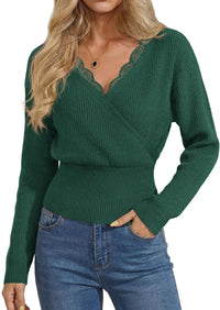 PRETTYGARDEN Women's Fall Fashion Long Sleeve Lace V Neck Cropped Sweaters