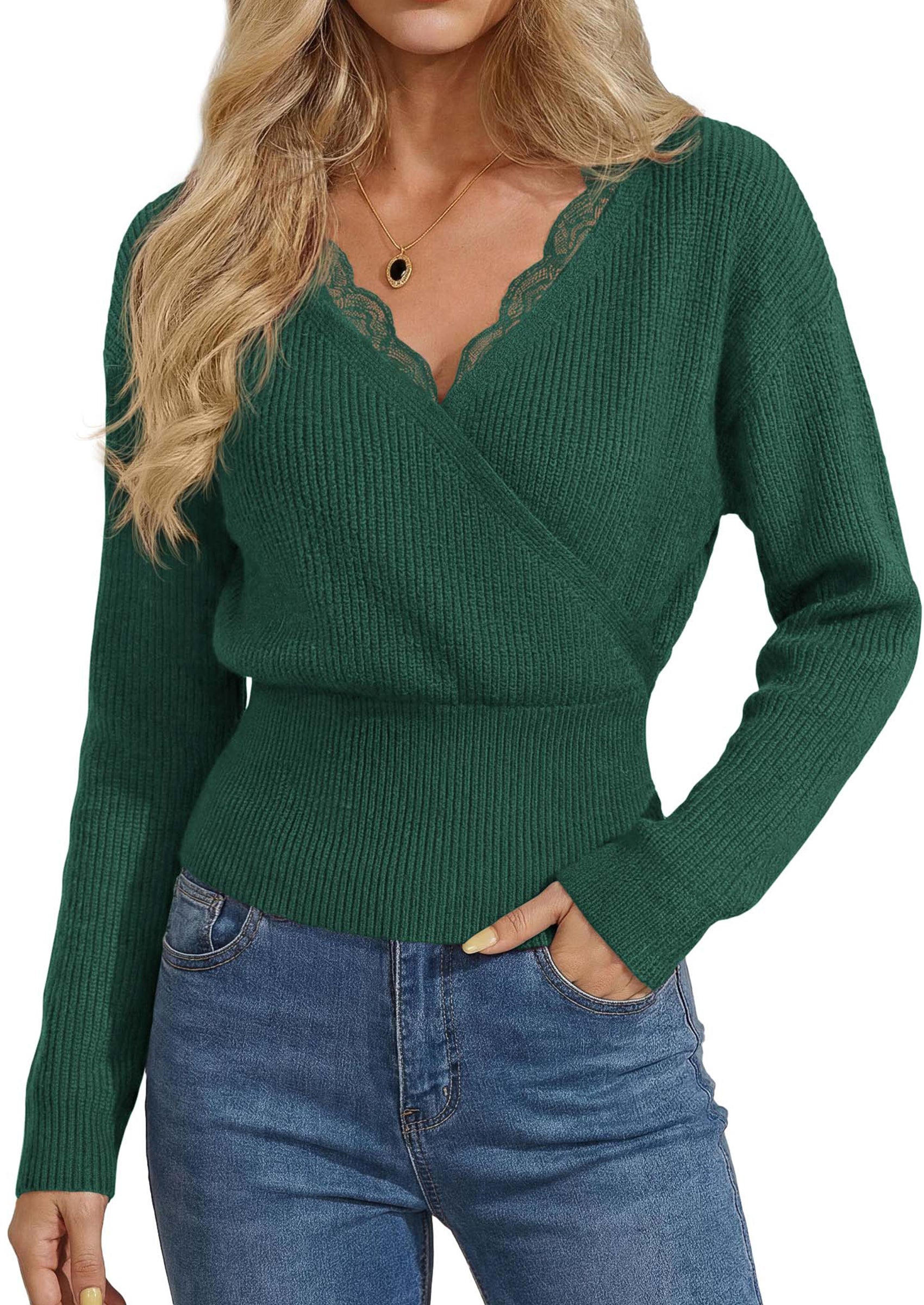 PRETTYGARDEN Women's Fall Fashion Long Sleeve Lace V Neck Cropped Sweaters