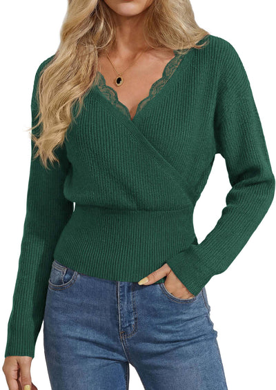 PRETTYGARDEN Women's Fall Fashion Long Sleeve Lace V Neck Cropped Sweaters