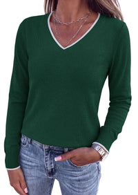 PRETTYGARDEN Women's V Neck Sweater Long Sleeve Knit Tops | Contrast Trim, Cozy Lightweight Pullover, Loose Basic Soft, Business Casual, Holiday Vacation Outfits, Fall Winter Clothes