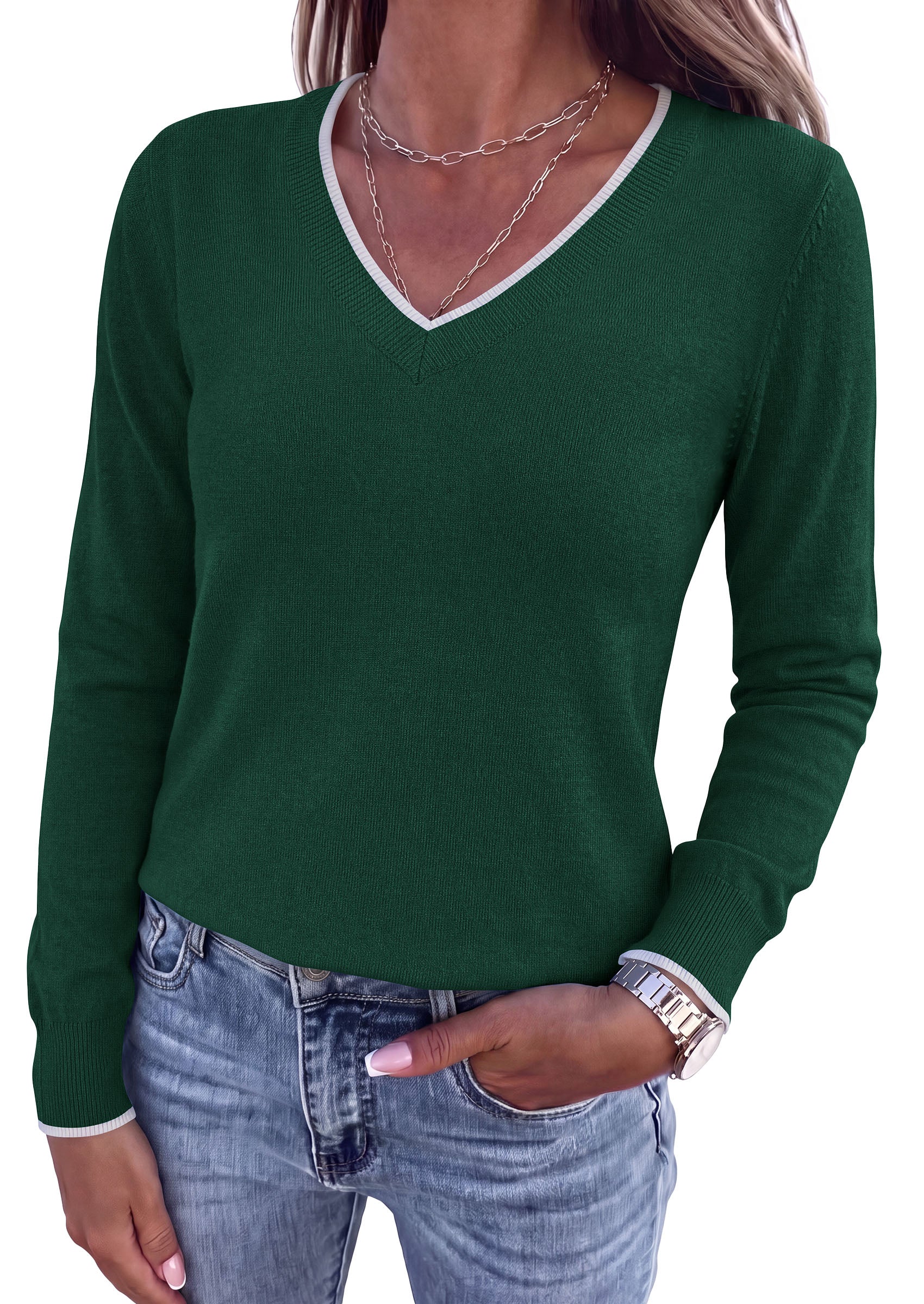 PRETTYGARDEN Women's V Neck Sweater Long Sleeve Knit Tops | Contrast Trim, Cozy Lightweight Pullover, Loose Basic Soft, Business Casual, Holiday Vacation Outfits, Fall Winter Clothes