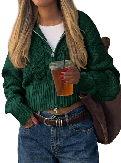 PRETTYGARDEN Women's Cable Knit Cropped Cardigan Sweaters | Oversized Sweater, Long Sleeve Zip Up Jacket, Collared Neck, Ribbed Hem, Cozy Soft Casual Wear, Fall Clothes Winter Outerwear