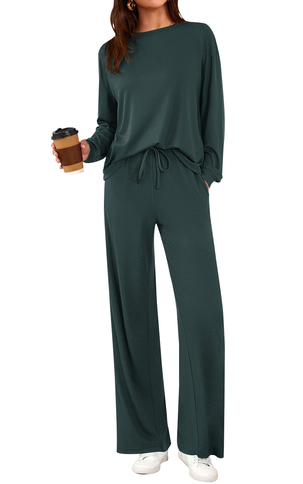 PRETTYGARDEN Womens 2 Pieces Lounge Sets Crewneck Long Sleeve Wide Leg Drawstring Pants Tracksuits Loose Fit Outfits Set