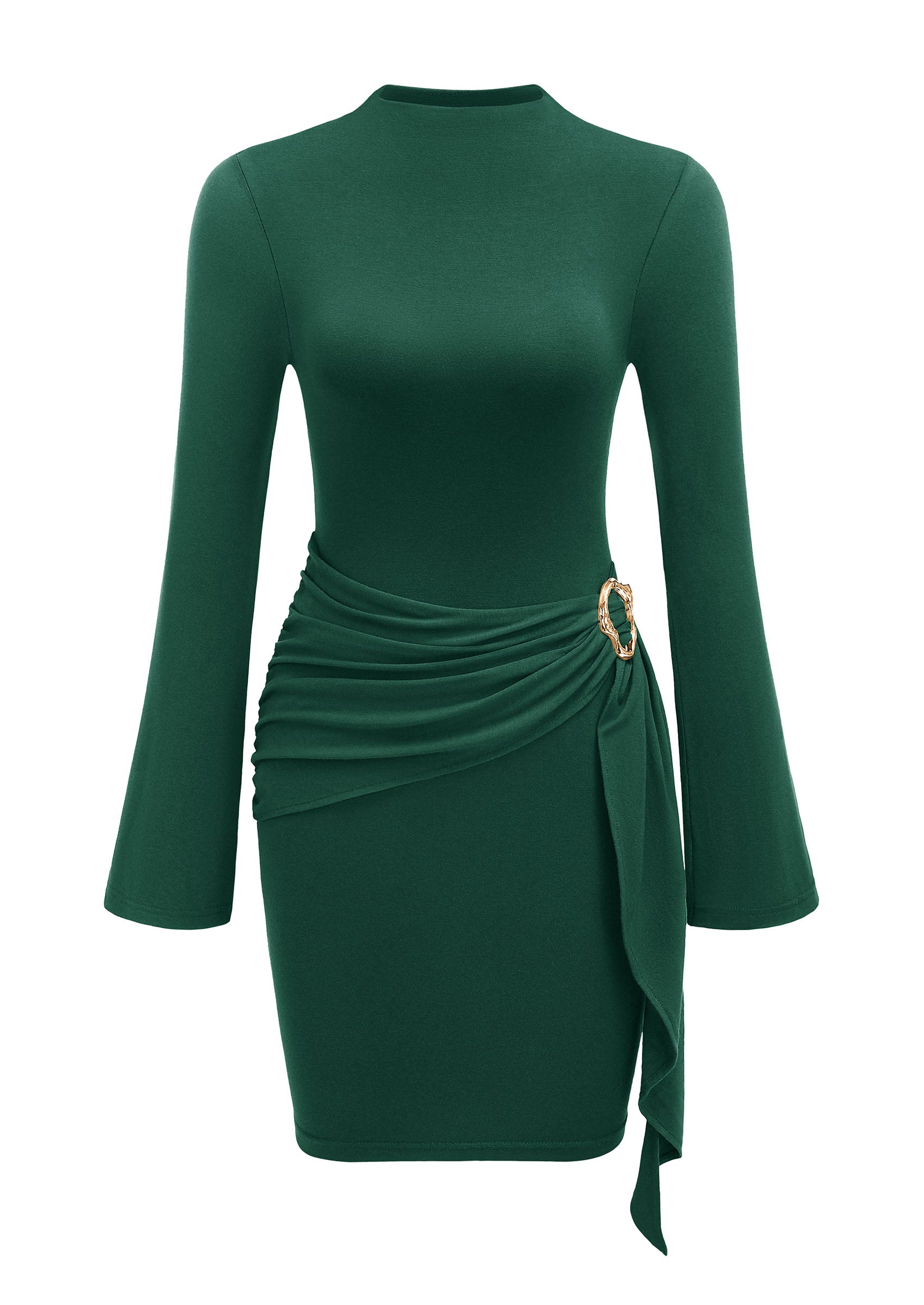 PRETTYGARDEN Women Long Sleeve Bodycon Ruched Mini Dress | Mock Neck Gold Buckle, Slim Fit, Weeding Guest Dress, Elegant Dressy Casual, Cocktail Party Date Night, Fall Winter Outfits