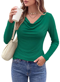 PRETTYGARDEN Cowl Neck Tops for Women Fashion Long Sleeve Shirt  Comfy Ruched Shirts, Soft Lightweight Knit, Chic Cowl Neck Top, Casual Going Out Outfits, Fall Winter Trendy Clothes