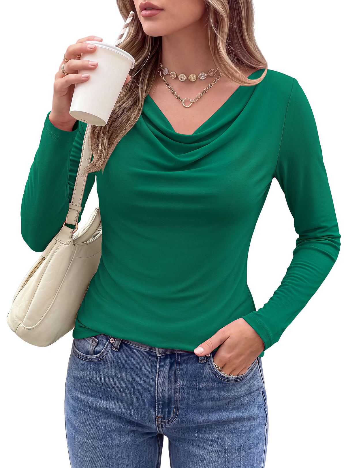 PRETTYGARDEN Cowl Neck Tops for Women Fashion Long Sleeve Shirt  Comfy Ruched Shirts, Soft Lightweight Knit, Chic Cowl Neck Top, Casual Going Out Outfits, Fall Winter Trendy Clothes