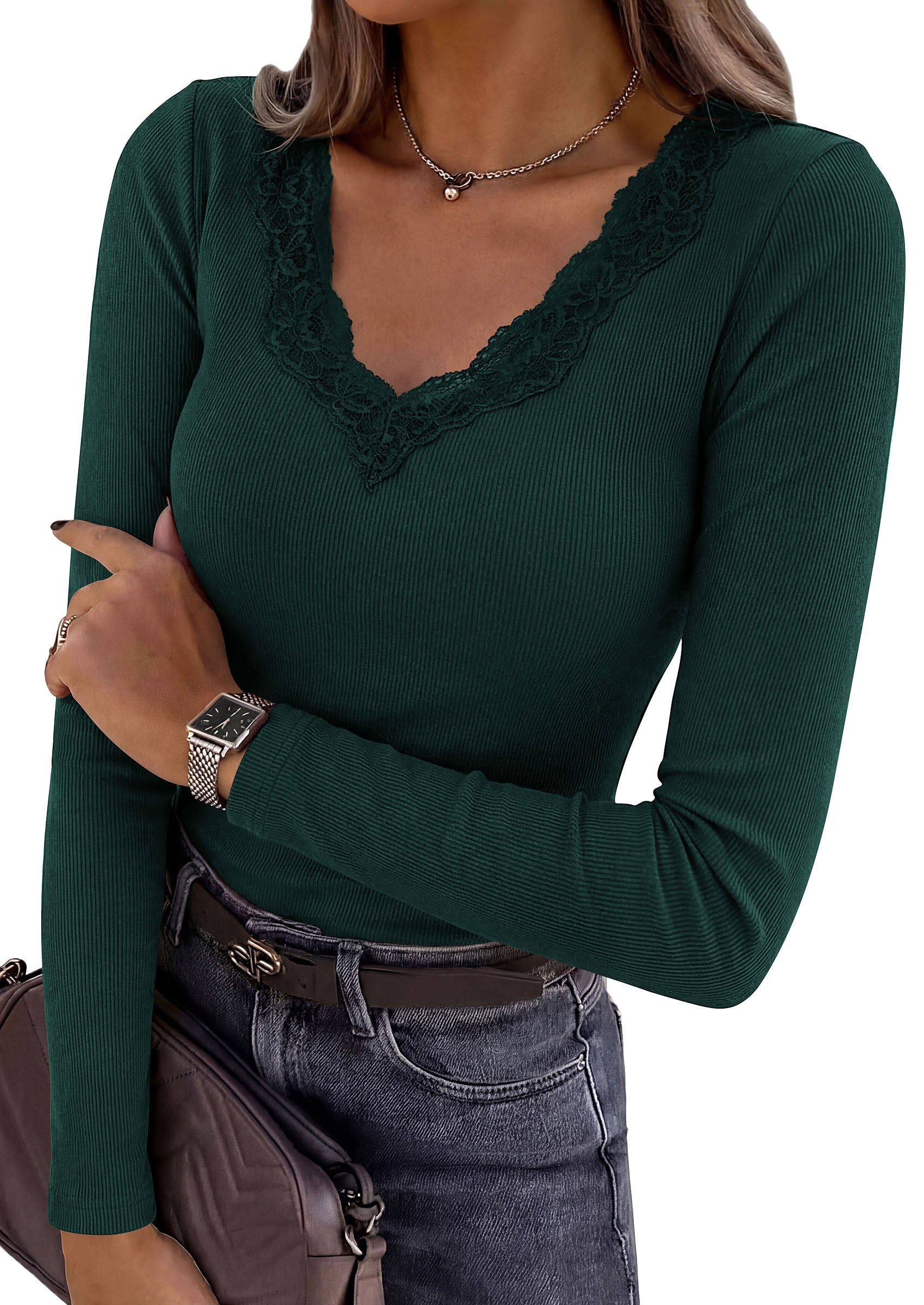 PRETTYGARDEN Women's Long Sleeve Shirts Lace Trim V Neck Ribbed Slim Fitted Basic Tees Y2K Going Out Tops 2026 Fall Clothes
