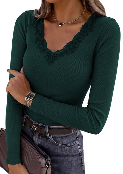 PRETTYGARDEN Women's Long Sleeve Shirts Lace Trim V Neck Ribbed Slim Fitted Basic Tees Y2K Going Out Tops 2026 Fall Clothes