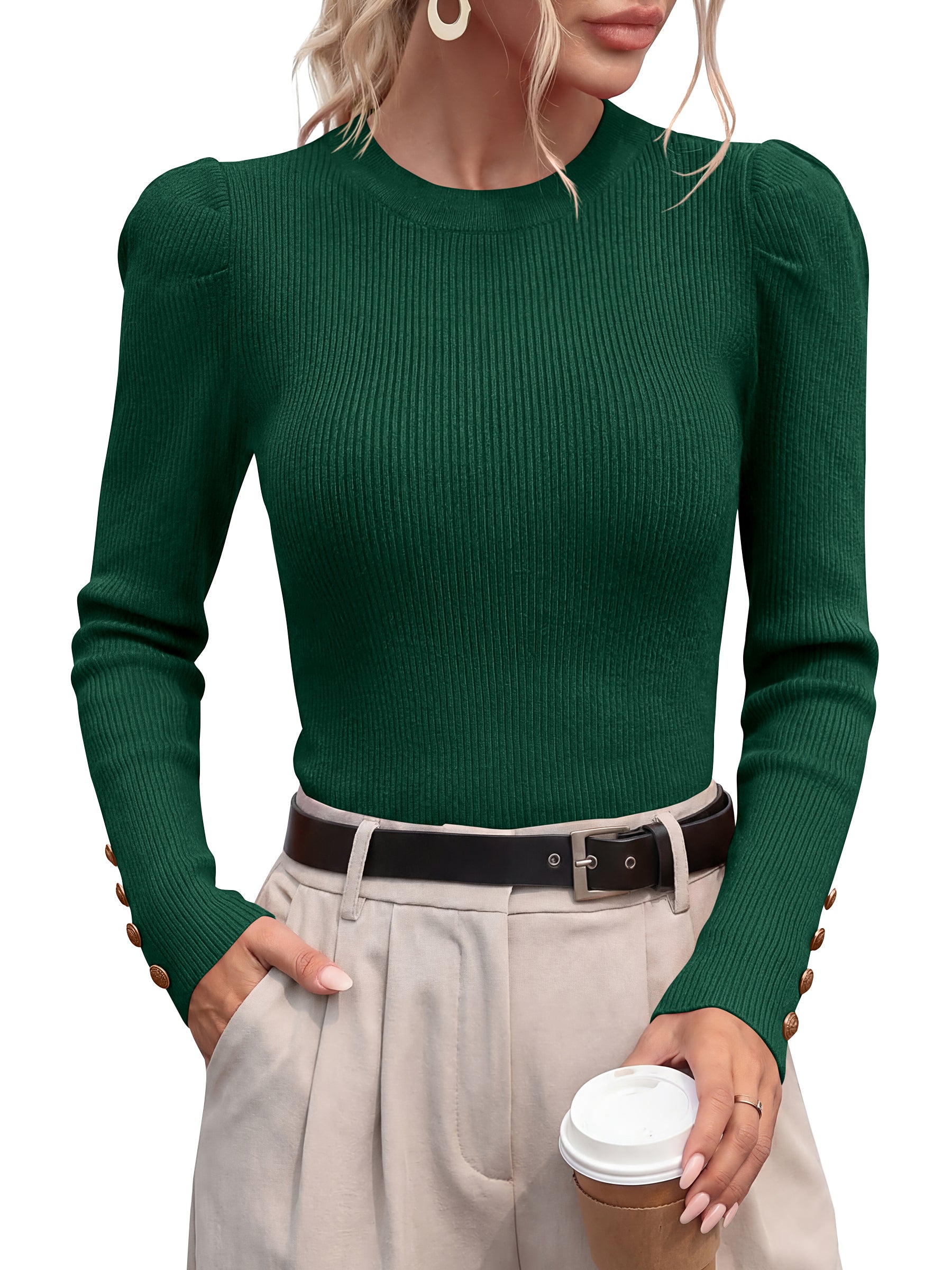 PRETTYGARDEN Womens Fall Sweaters Crewneck Puff Sleeve Button Cuff Ribbed Knit Cozy Pullover Sweater Slim Fit Tops Trendy