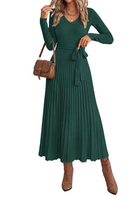PRETTYGARDEN Womens Fall Maxi Long Sleeve Sweater Dress  Soft Stretchy Knit, V Neck A Line Dresses with Bow, Flowy Pleated Hem, Cocktail Party Outfits, Trendy Winter Clothes
