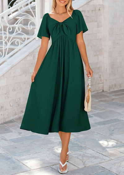 PRETTYGARDEN Summer Dress for Women Casual Short Sleeve Bow Tie V Neck Ruffle Midi Flowy Dresses