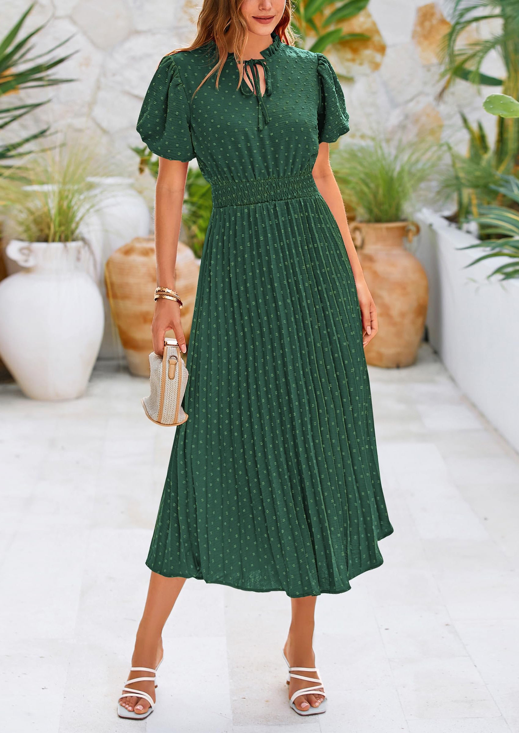 PRETTYGARDEN Womens Midi Dresses Puff Short Sleeve V Neck Swiss Dot Pleated A Line Flowy Long Wedding Guest Dress