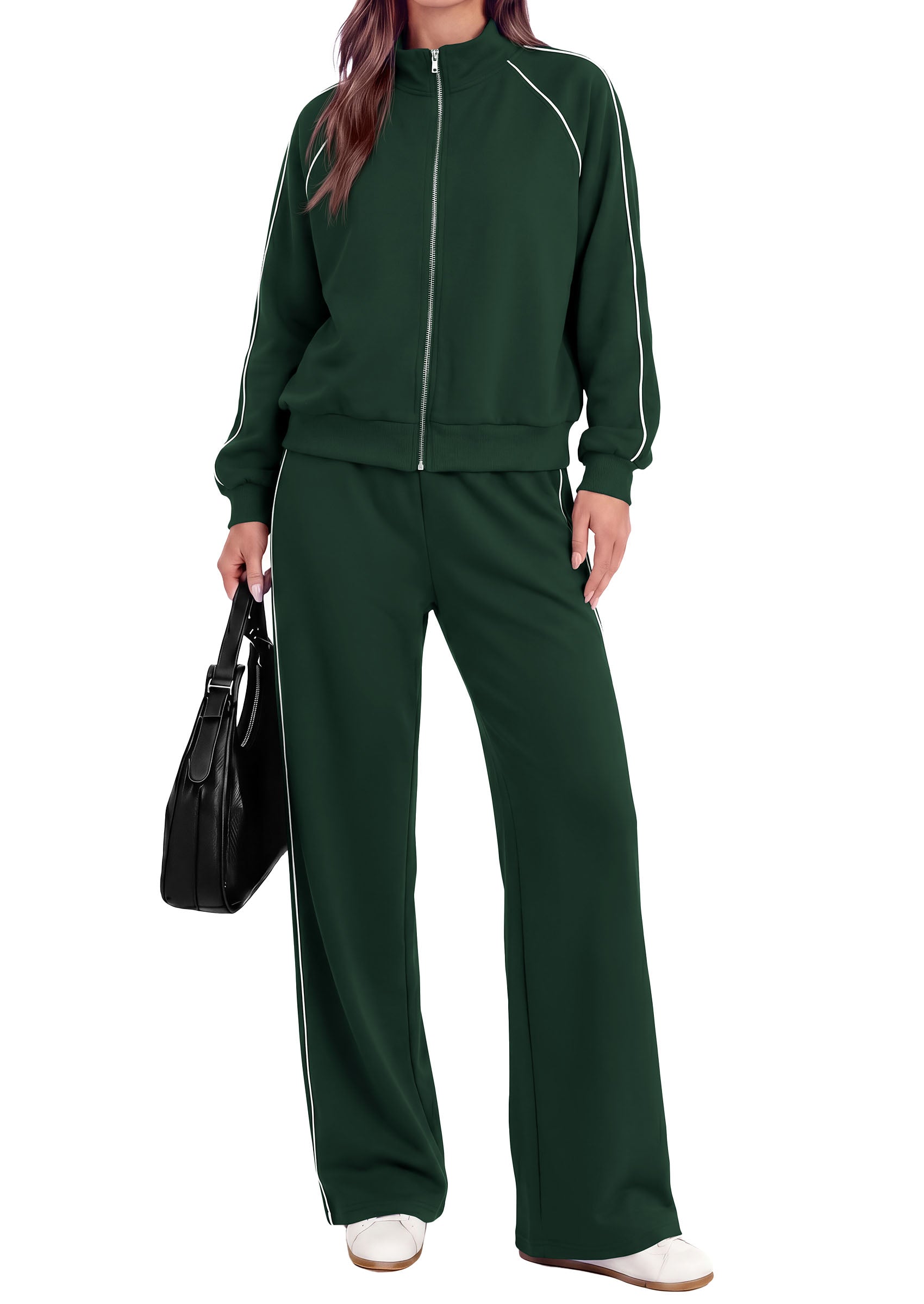 PRETTYGARDEN Women's 2 Piece Sweat Set Casual Fall Outfits | Zip Up Sweatshirt,Wide Leg Pants Sweatsuits,Side Stripes,Matching Lounge Sets,Athletic Wear for Airport,Jogging,Travel,Daily
