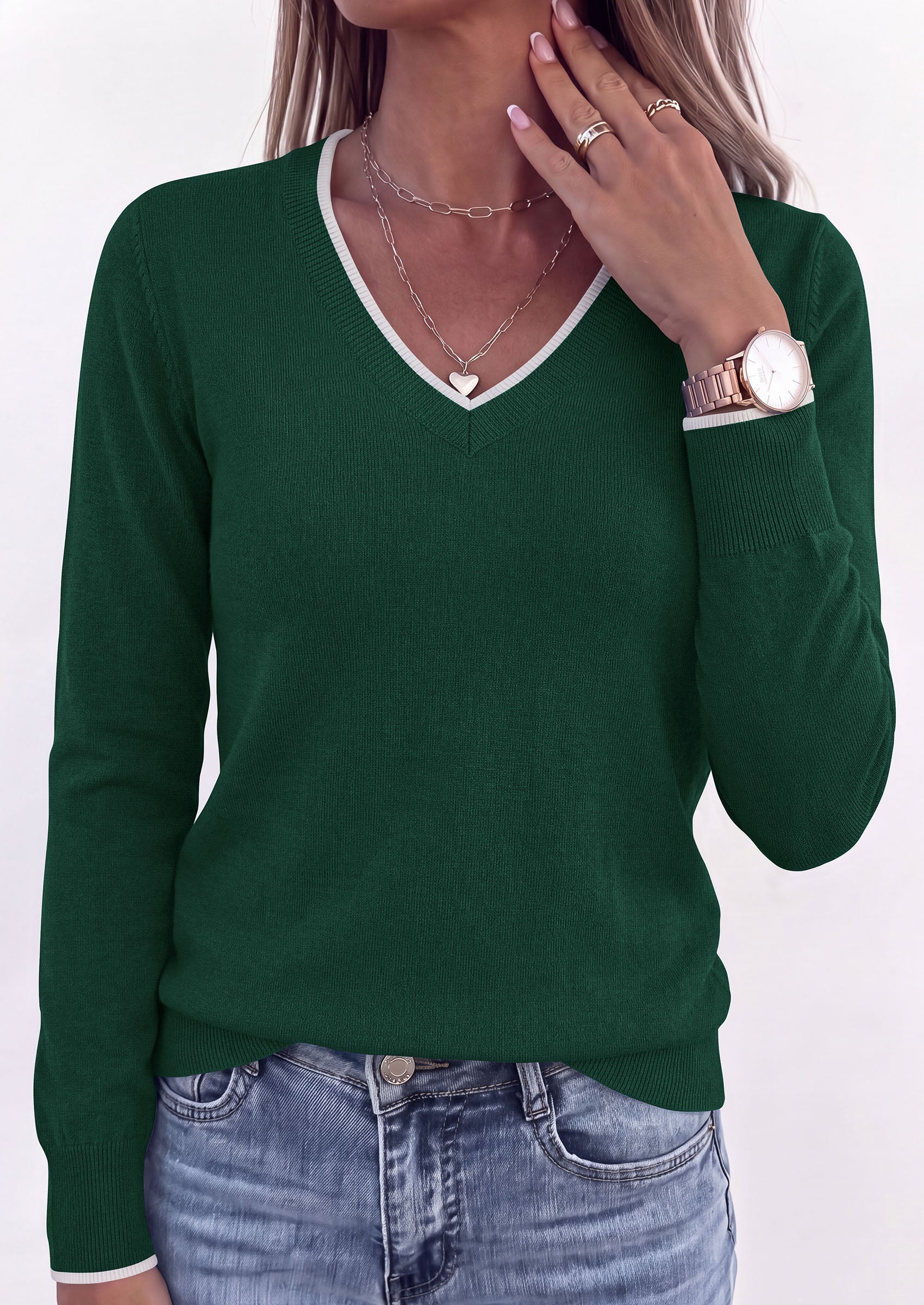 PRETTYGARDEN Women's V Neck Sweater Long Sleeve Knit Tops | Contrast Trim, Cozy Lightweight Pullover, Loose Basic Soft, Business Casual, Holiday Vacation Outfits, Fall Winter Clothes