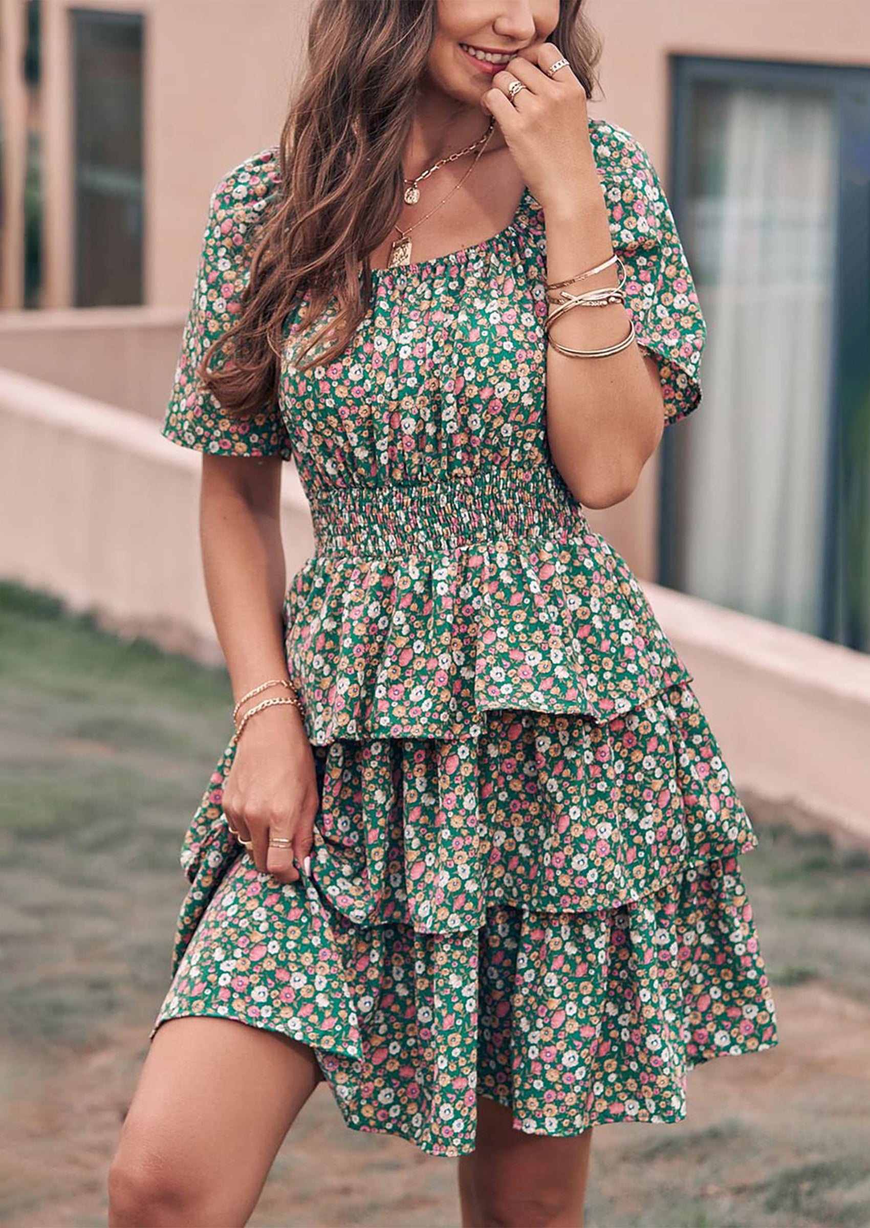 PRETTYGARDEN Women Floral Square Neck Short Sleeve Tiered Ruffle Boho Mini Dresses