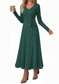 PRETTYGARDEN Womens Fall Maxi Long Sleeve Sweater Dress  Soft Stretchy Knit, V Neck A Line Dresses with Bow, Flowy Pleated Hem, Cocktail Party Outfits, Trendy Winter Clothes