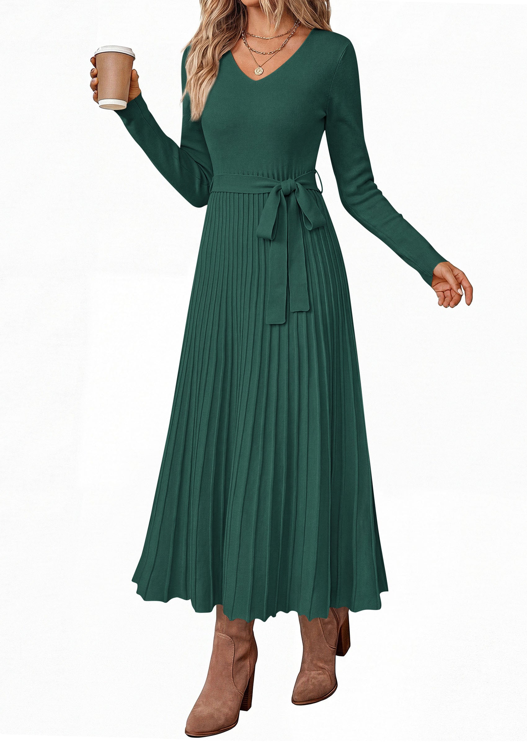 PRETTYGARDEN Womens Fall Maxi Long Sleeve Sweater Dress  Soft Stretchy Knit, V Neck A Line Dresses with Bow, Flowy Pleated Hem, Cocktail Party Outfits, Trendy Winter Clothes