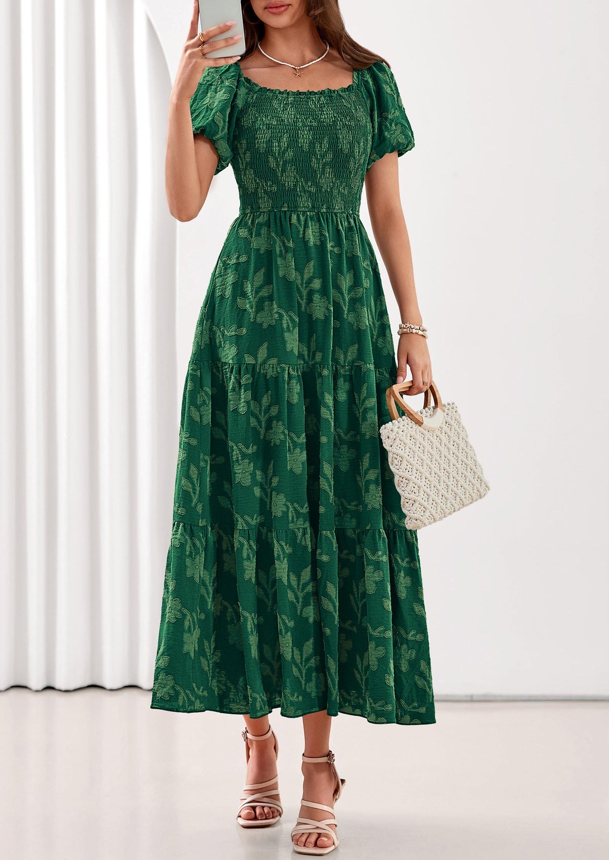 PRETTYGARDEN Women's 2026 Summer Boho Maxi Dresses Floral Short Sleeve Square Neck Smocked Flowy Long Dress Vacation Outfits PRETTYGARDEN