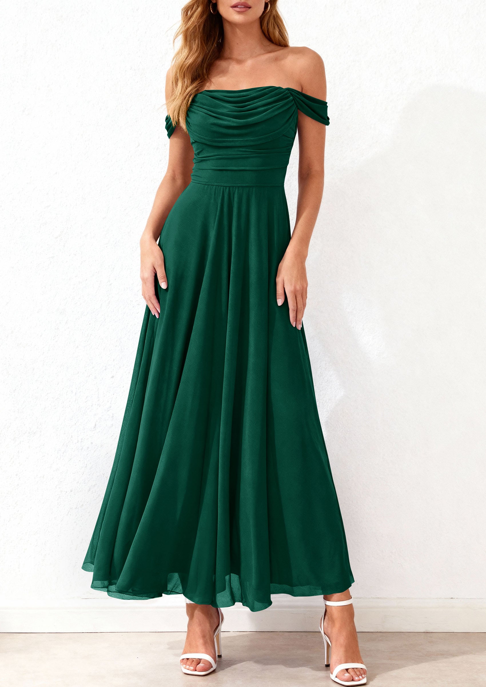 PRETTYGARDEN Womens Off Shoulder Maxi Summer Dresses 2026 Elegant Mesh Aline Swing Ruched Flowy Cocktail Wedding Guest Dress PRETTYGARDEN