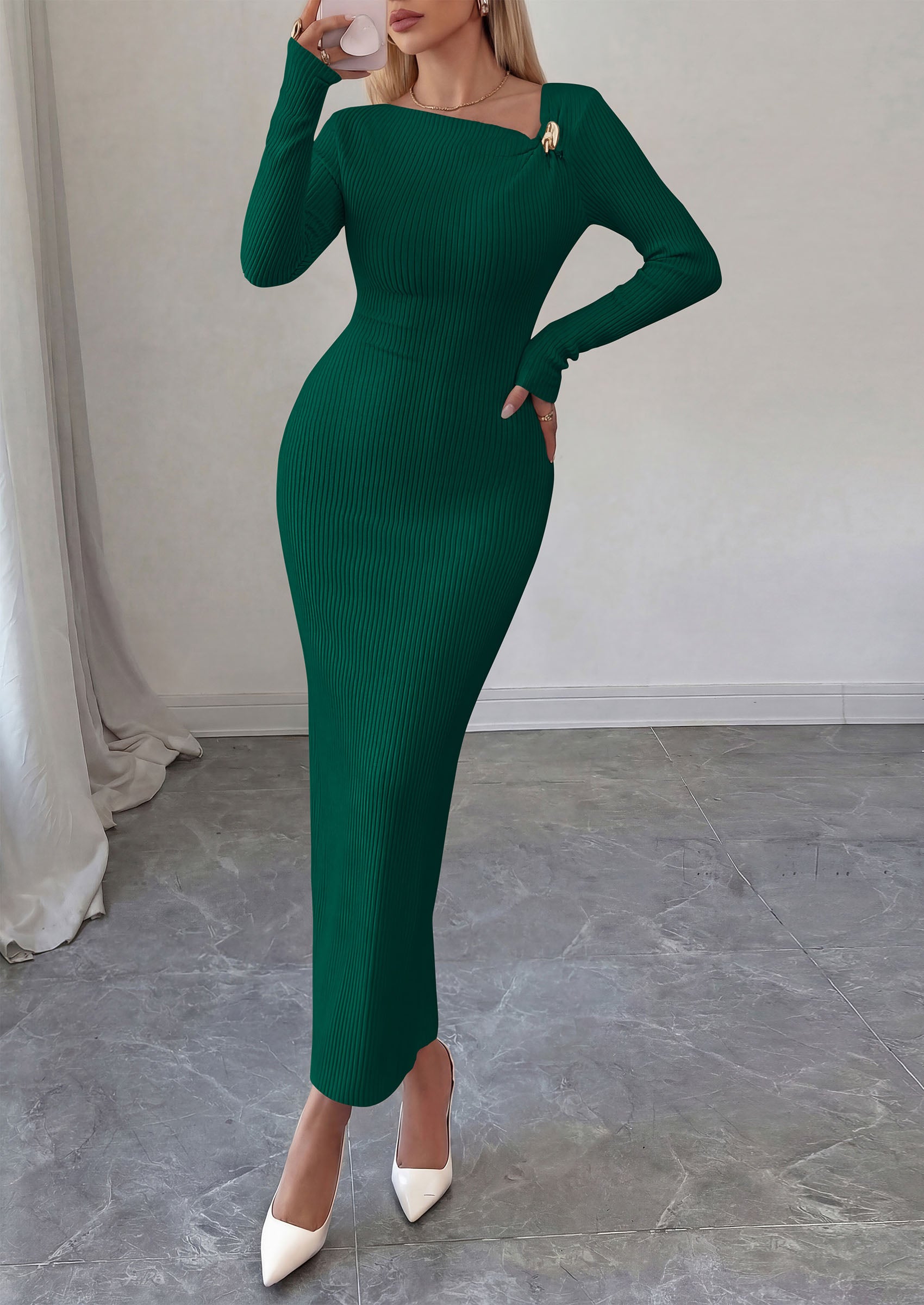 PRETTYGARDEN Womens Fall Long Sleeve Ribbed Sweater Dress | Breathable Knit Fabric, Elegant Bodycon Cut, Fashion Asymmetrical Neck, Night Out Party Dresses, 2026 Trendy Winter Clothes  Price, product page