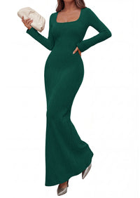 PRETTYGARDEN Women's Fall Long Sleeve Maxi Bodycon Dresses | Soft Stretchy Ribbed Knit, Bell Sleeve Square Neck Mermaid, Elegant Long Dress, Wedding Guest Party, 2026 Winter Clothing