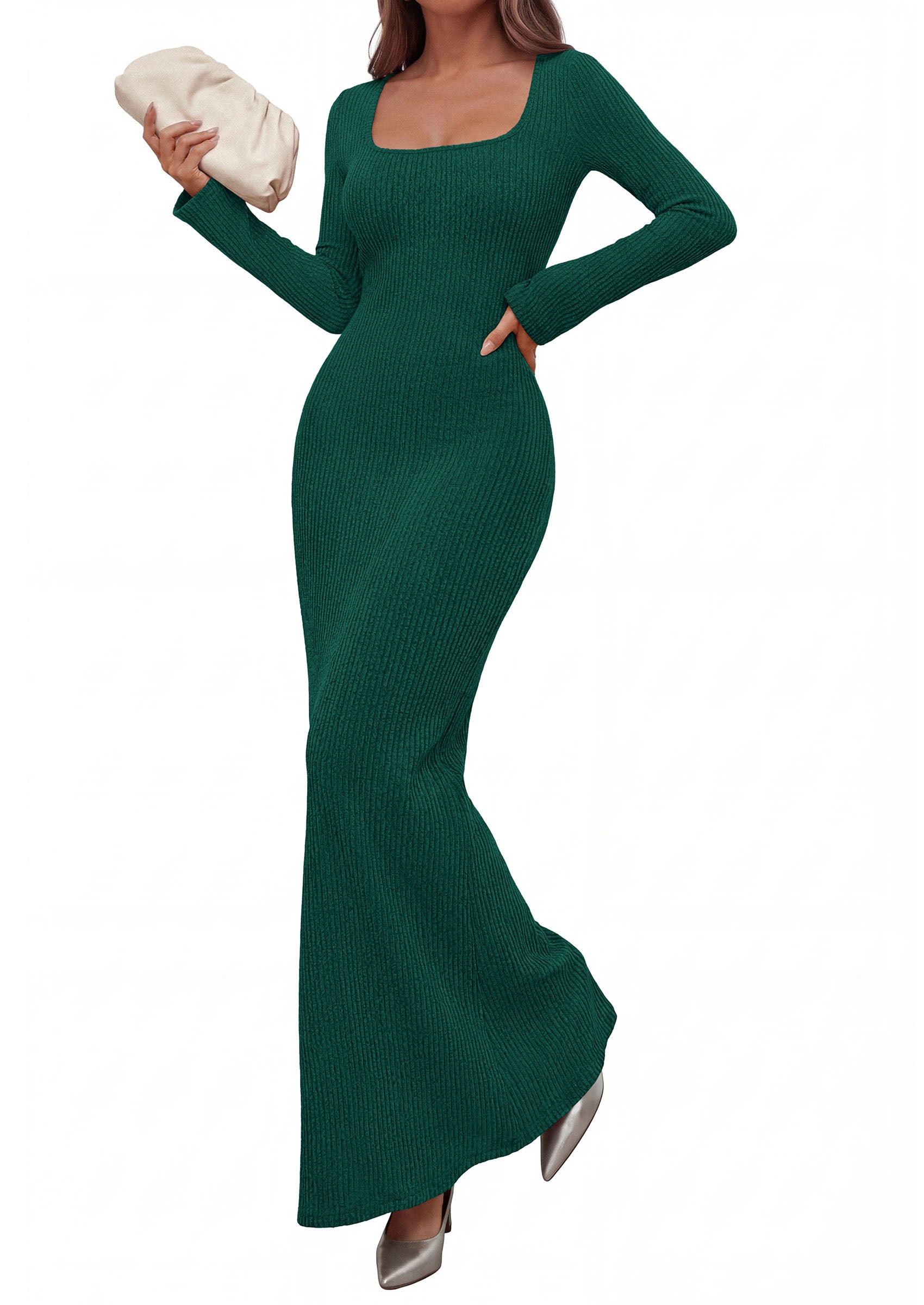 PRETTYGARDEN Women's Fall Long Sleeve Maxi Bodycon Dresses | Soft Stretchy Ribbed Knit, Bell Sleeve Square Neck Mermaid, Elegant Long Dress, Wedding Guest Party, 2026 Winter Clothing