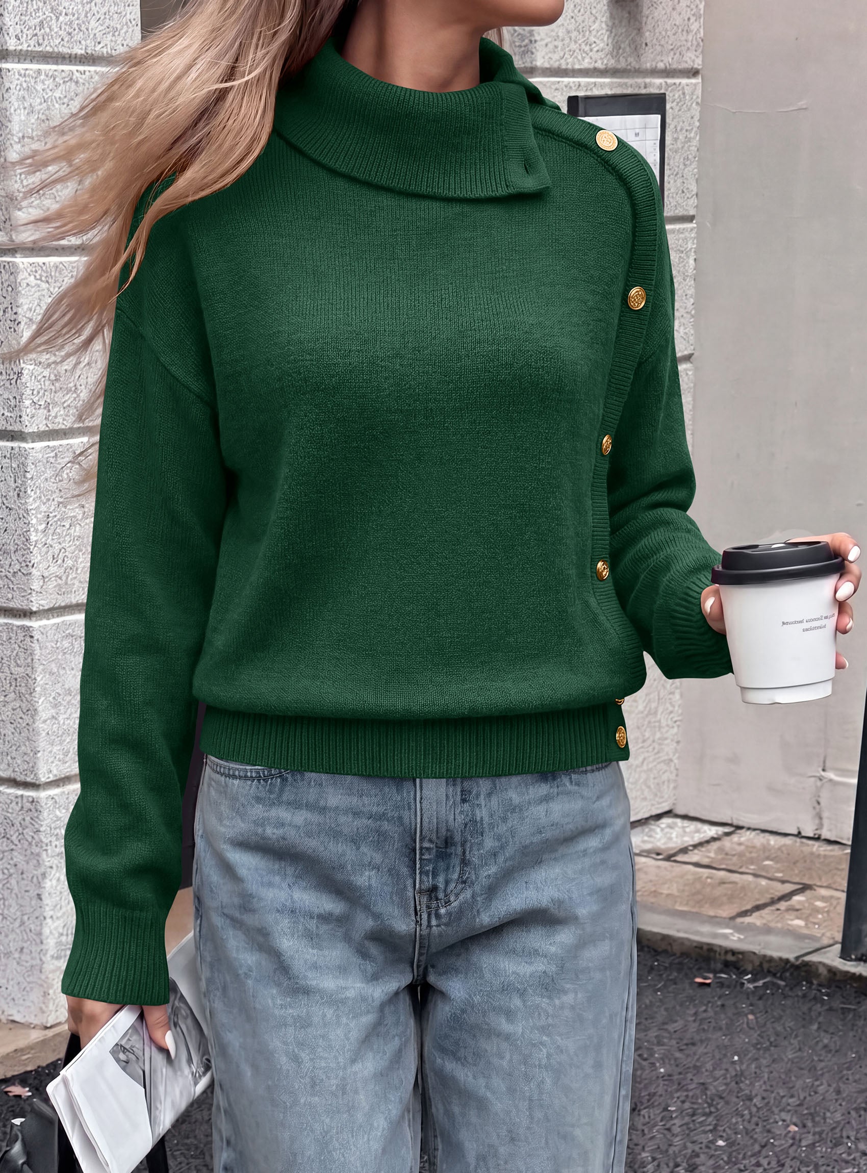 PRETTYGARDEN Womens Turtleneck Sweater Pullover Side Button Fall Clothes  Stretchy Knit,Dropped Shoulder,Ribbed Cuffs,Asymmetrical,Jumper Long Sleeve Tops,Work Office,2026 Winter Casual Outfits
